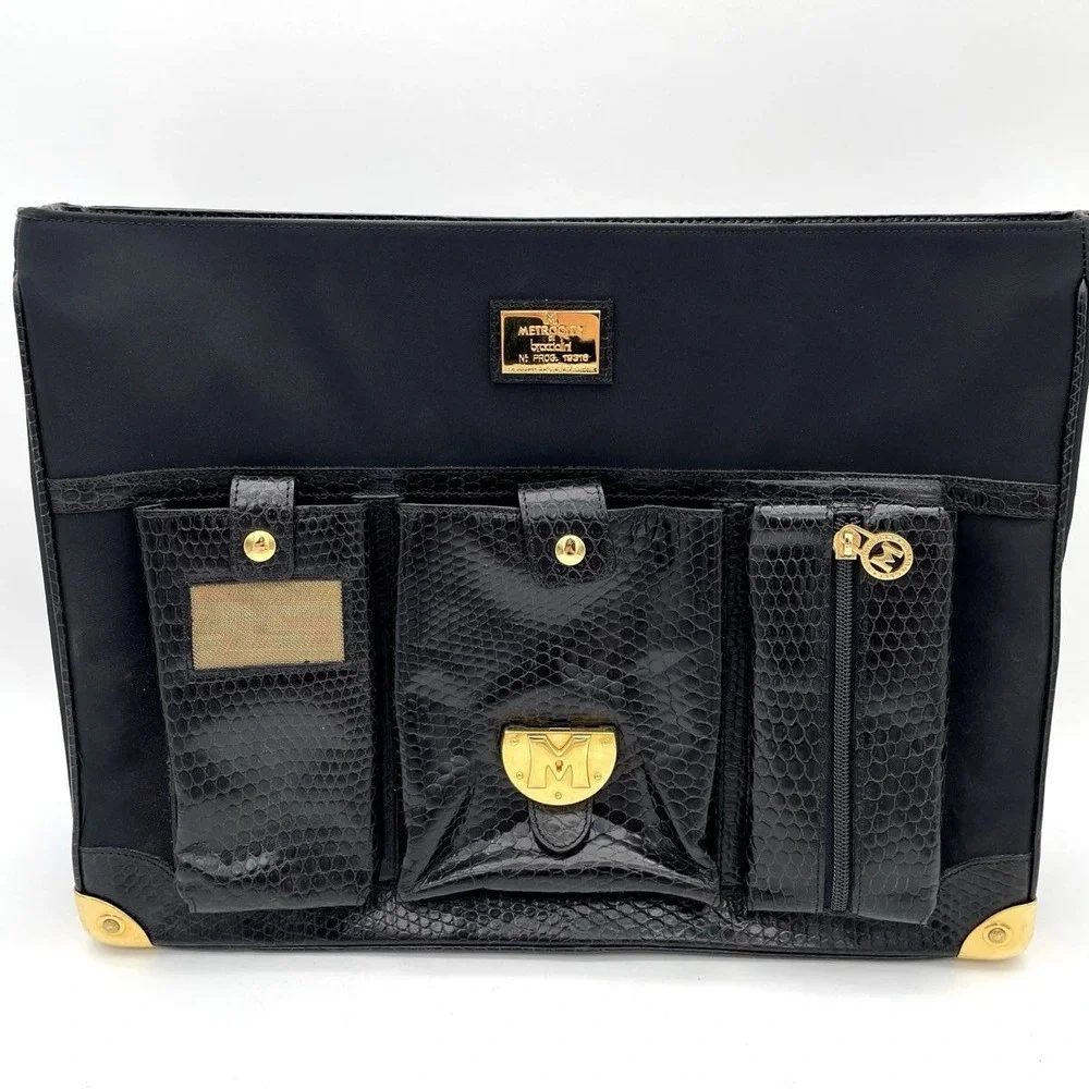 Vintage Metrocity di Braccialini Black Leather Nylon Briefcase Handbag Italy